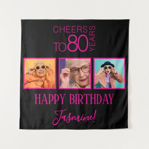 Cheers to 80 years 3 Photos Black Pink Elegant Tapestry