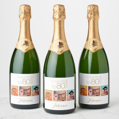 Cheers to 80 years 3 Photos Gold Elegant Frame Sparkling Wine Label