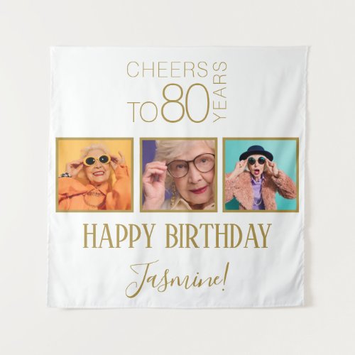 Cheers to 80 years 3 Photos White Gold Elegant Tapestry