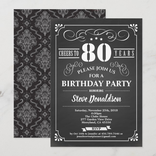 Cheers to 80 years 80th birthday party chalkboard invitation (Front/Back)