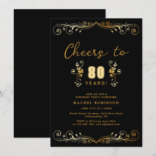 Cheers to 80 Years Birthday Party Black & Gold Invitation
