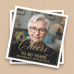 Cheers to 80 Years Birthday Photo Gold Black Napkins
