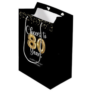 Cheers to 80 Years Black Gold Confetti Birthday Medium Gift Bag