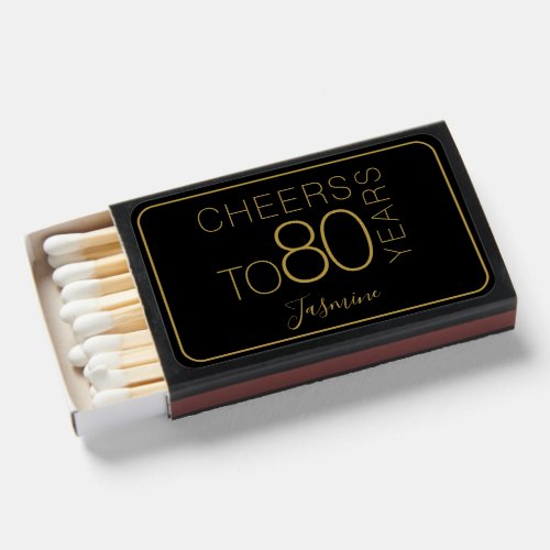 Cheers to 80 years Black Gold Elegant Birthday Matchboxes