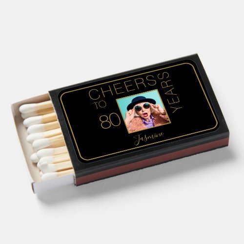 Cheers to 80 years Black Gold Photo Elegant Matchboxes