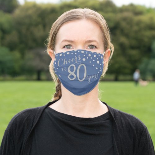 Cheers to 80 Years Blue and Silver Glitter Adult Cloth Face Mask