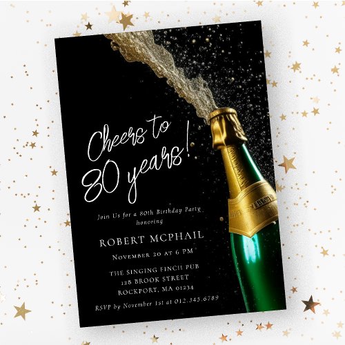 Cheers to 80 Years Champagne Bottle Birthday Invitation