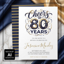 Cheers to 80 years Elegant Gold Blue Birthday