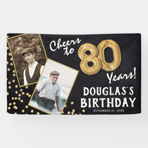 Cheers to 80 Years Gold Balloon 2 Photo Birthday  Banner