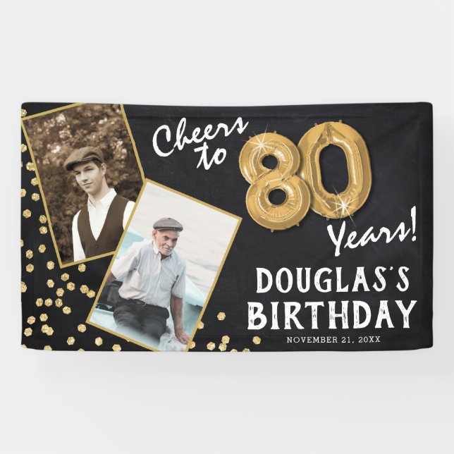 Cheers to 80 Years Gold Balloon 2 Photo Birthday  Banner (Horizontal)