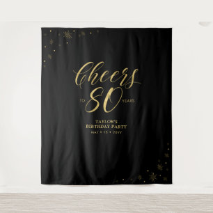 Cheers to 80 years Gold & Black Birthday Party Tapestry