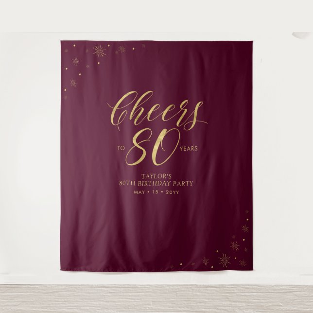 Cheers to 80 years Gold & Red 80th Birthday Party Tapestry (Front)
