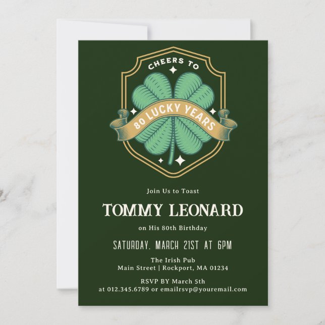 Cheers to 80 Years Lucky Shamrock Birthday Invitation (Front)