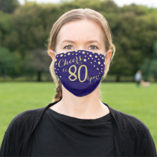 Cheers to 80 Years Navy Blue and Gold Glitter Adult Cloth Face Mask