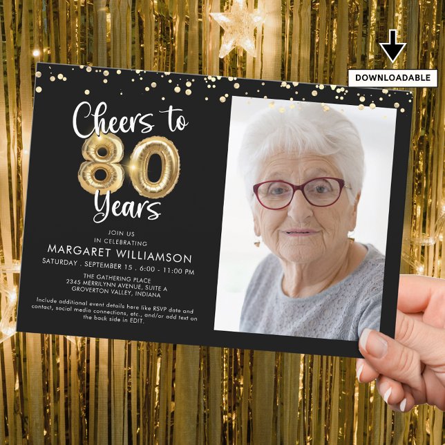 Cheers to 80 Years Photo Script Balloon Confetti Invitation (Creator Uploaded)