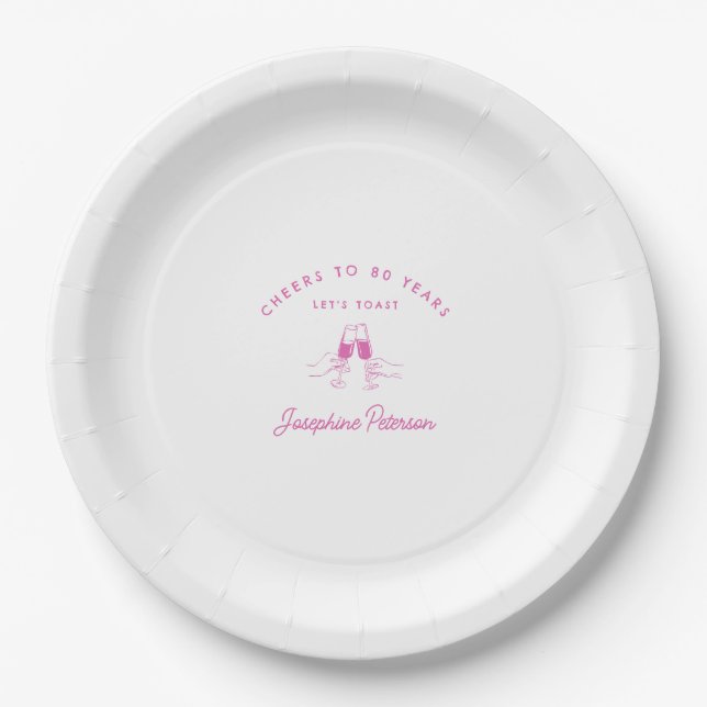 Cheers to 80 Years Pink 80th Birthday Custom Paper Plates (Front)