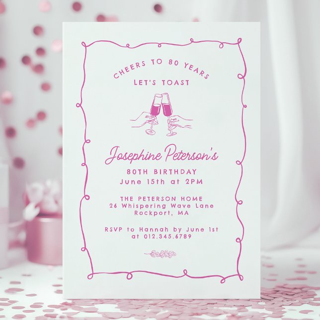 Cheers to 80 Years Pink Whimsical Doodle  Invitation (Creator Uploaded)