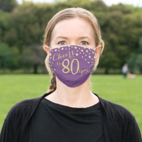 Cheers to 80 Years Purple Lavender Gold Glitter Adult Cloth Face Mask