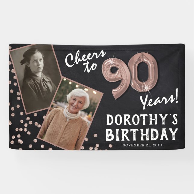Cheers to 80 Years Rose Gold 2 Photo Birthday  Banner (Horizontal)
