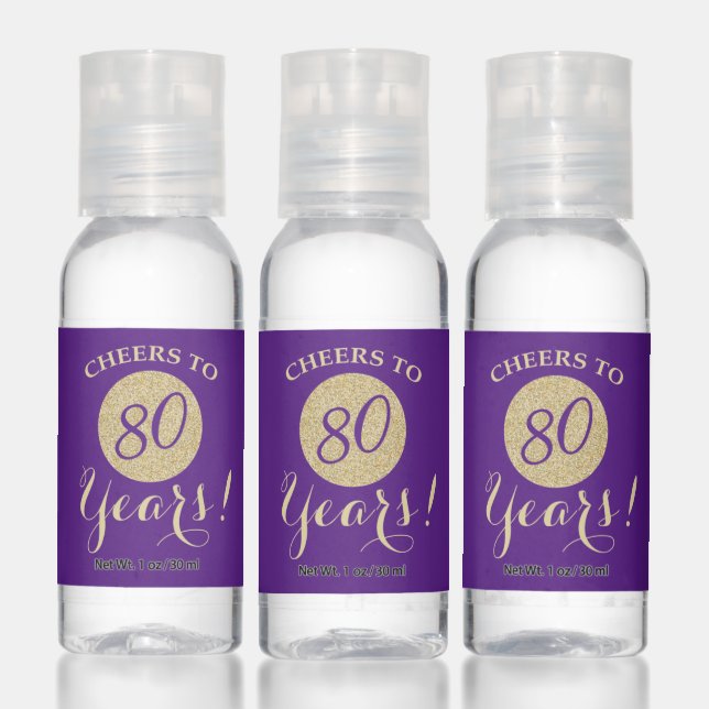 Cheers to 80 Years Royal Purple and Gold Glitter Hand Sanitizer (Set)