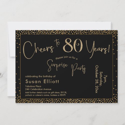 Cheers to 80 Years Surprise Birthday Gold  Black Invitation