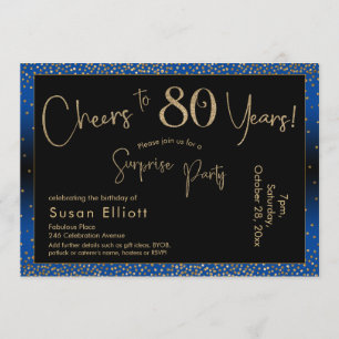 Cheers to 80 Years Surprise Birthday Gold & Blue Invitation
