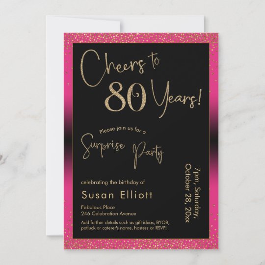 Cheers to 80 Years Surprise Birthday Party, Pink Invitation | Zazzle.com