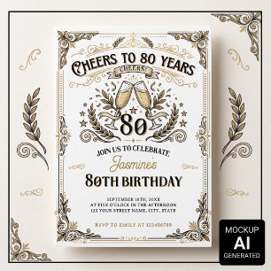 Cheers to 80 years Vintage Gold White Birthday Invitation