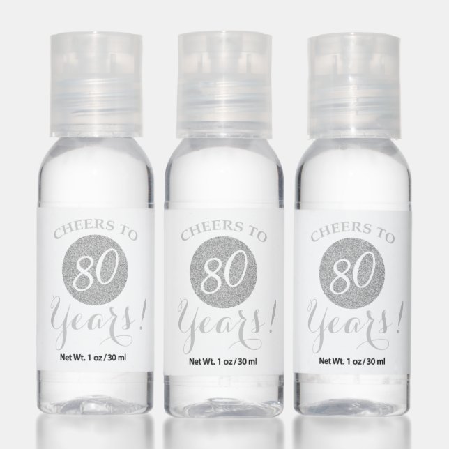 Cheers to 80 Years White and Silver Glitter Hand Sanitizer (Set)