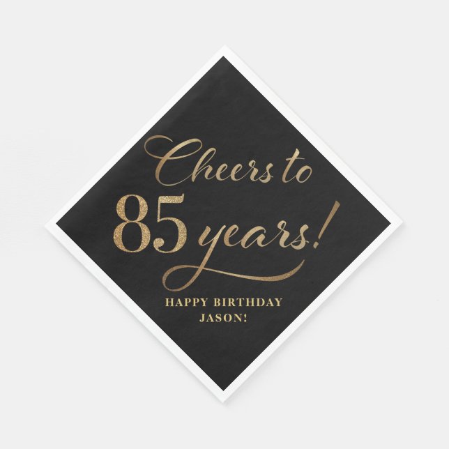 Cheers to 85 Birthday Glitter Black and Gold Napkins (Corner)