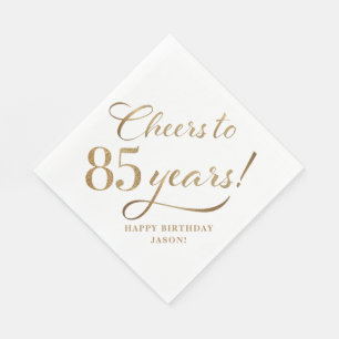 Cheers to 85 Birthday Glitter White and Gold Napkins