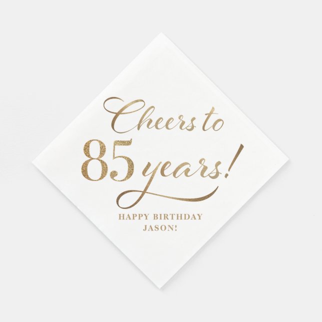 Cheers to 85 Birthday Glitter White and Gold Napkins (Corner)