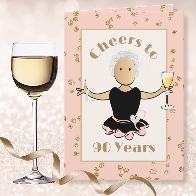 Cheers to 90 Female Cartoon Glitter Glam Birthday Card (Creator Uploaded)