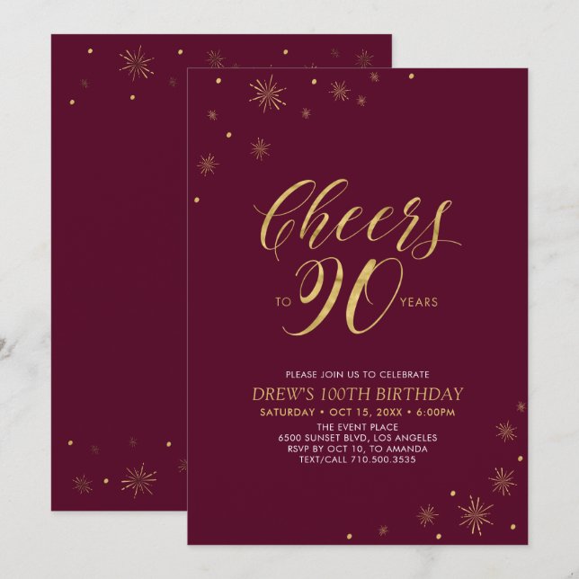 Cheers to 90 Gold & Burgundy 90th Birthday Party Invitation (Front/Back)
