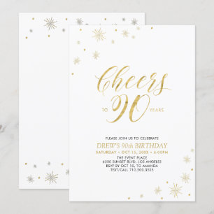 Cheers to 90 Gold & White 90th Birthday Party Invitation