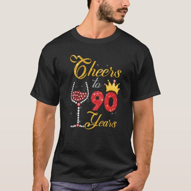 Cheers to 90 Years 1932 90th Birthday Wine Diamond T-Shirt (Front)