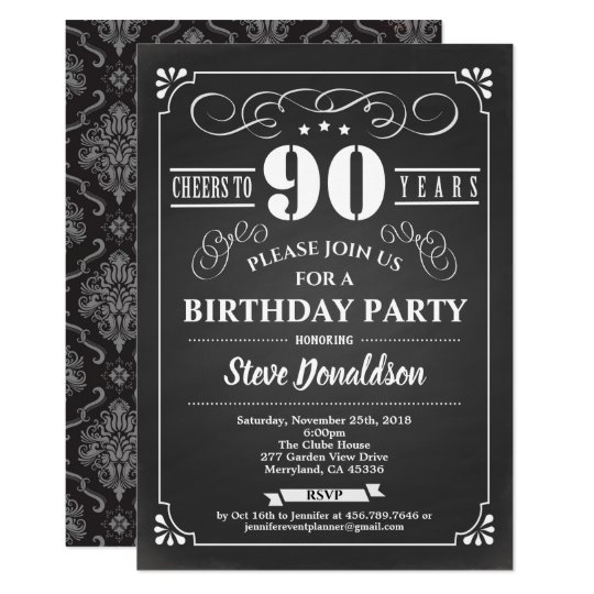 Cheers to 90 years 90th birthday party chalkboard invitation | Zazzle.com