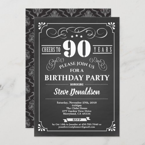 Cheers to 90 years 90th birthday party chalkboard invitation