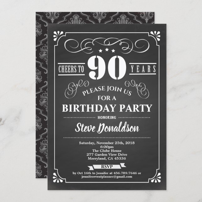 Cheers to 90 years 90th birthday party chalkboard invitation (Front/Back)