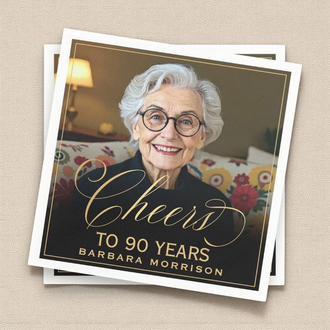 Cheers to 90 Years Birthday Photo Gold Black Napkins (Creator Uploaded)