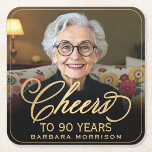 Cheers to 90 Years Birthday Photo Gold Black Square Paper Coaster