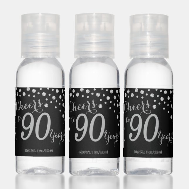 Cheers to 90 Years Black and Silver Diamond Hand Sanitizer (Set)