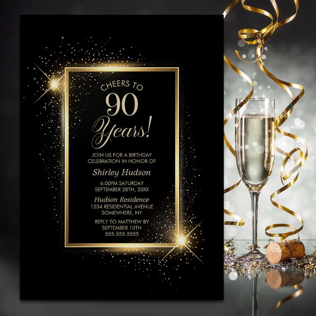Cheers to 90 Years Black Gold Birthday Party Invitation (Creator Uploaded)