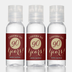Cheers to 90 Years Burgundy Red and Gold Glitter Hand Sanitizer