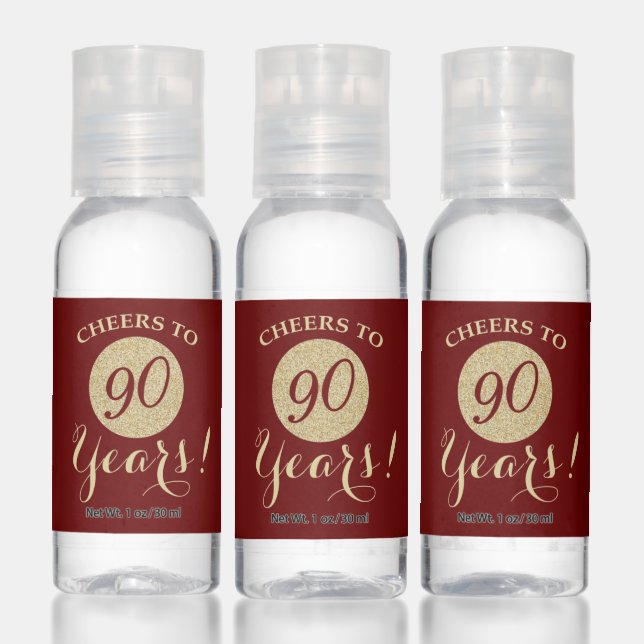 Cheers to 90 Years Burgundy Red and Gold Glitter Hand Sanitizer (Set)