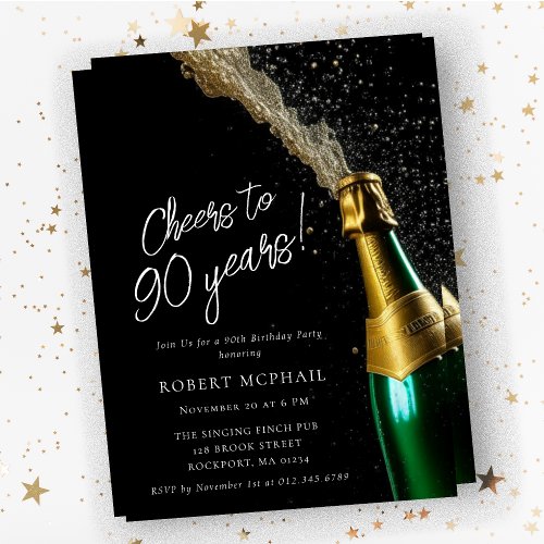 Cheers to 90 Years Champagne Bottle Birthday Invitation