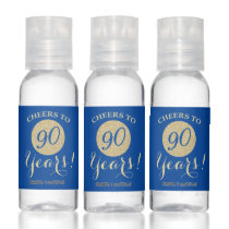 Cheers to 90 Years Deep Blue and Gold Glitter Hand Sanitizer