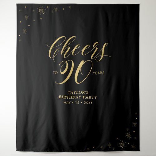 Cheers to 90 years Gold  Black 90 Birthday Party Tapestry