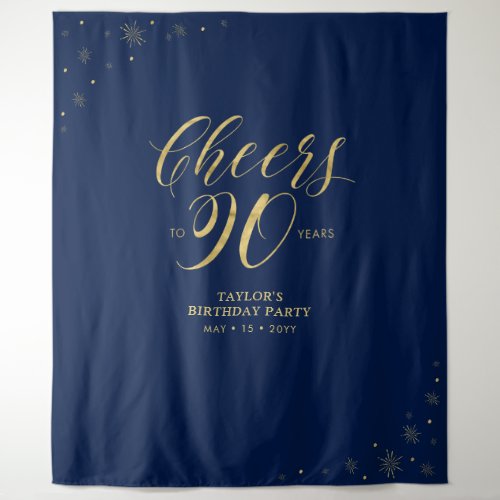 Cheers to 90 years Gold  Navy 90 Birthday Party Tapestry