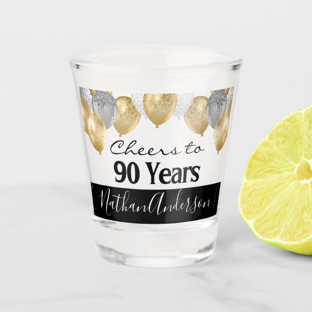 Cheers to 90 Years Personalized Birthday Shot Glas Glass (Front)